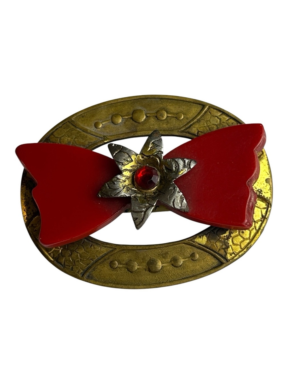 Upcycled Red Bakelite Bow Gold Tone Star Brooch Pin